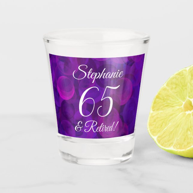 Elegant Purple 65 and Retired Retirement Shot Glass (Front)