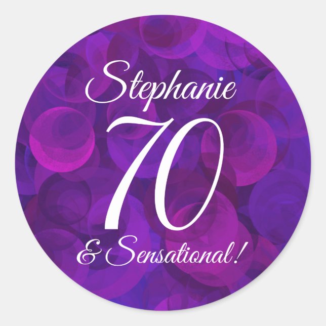 Elegant Purple 70 and Sensational Birthday Favour Classic Round Sticker (Front)