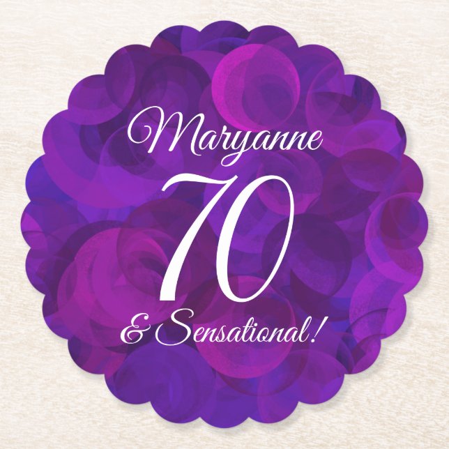 Elegant Purple 70 and Sensational Birthday Party Paper Coaster (Front)