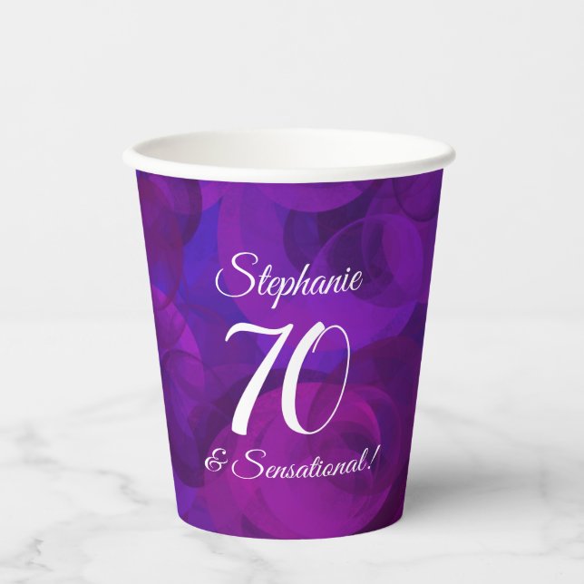 Elegant Purple 70 and Sensational Birthday Party Paper Cups (Front)