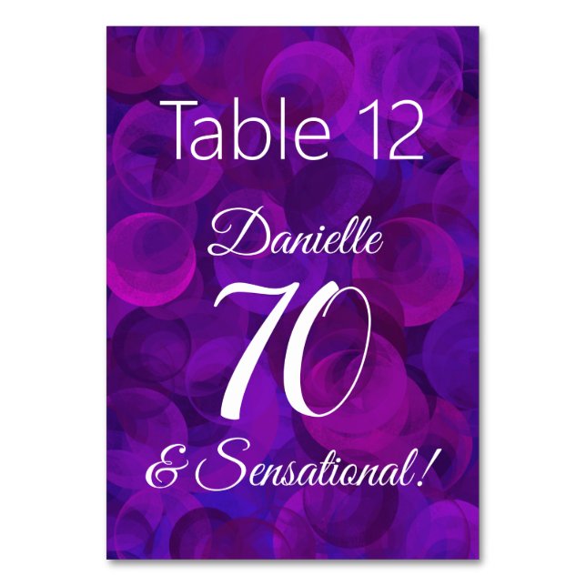 Elegant Purple 70 and Sensational Birthday Party Table Number (Front)