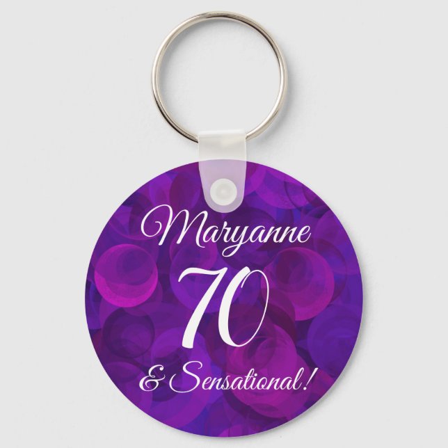 Elegant Purple 70 & Sensational Birthday Party Key Ring (Front)