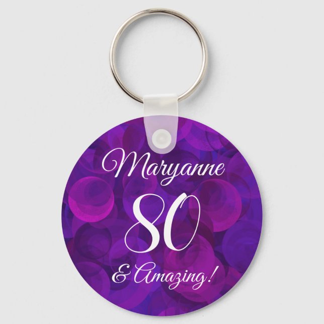 Elegant Purple 80 and Amazing Birthday Party Key Ring (Front)