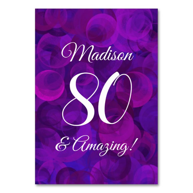 Elegant Purple 80 and Amazing Birthday Party Table Number (Front)