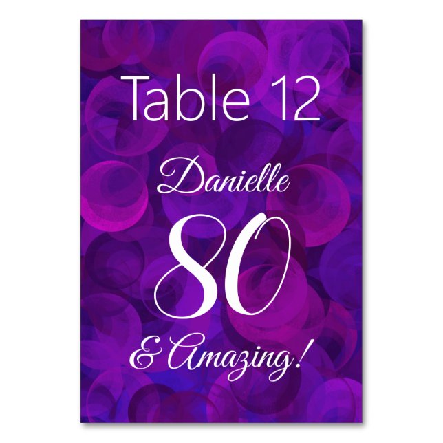 Elegant Purple 80 and Amazing Birthday Party Table Number (Front)