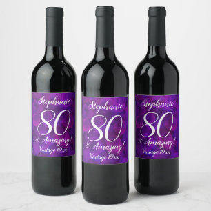 Elegant Purple 80 and Amazing Birthday Personalise Wine Label