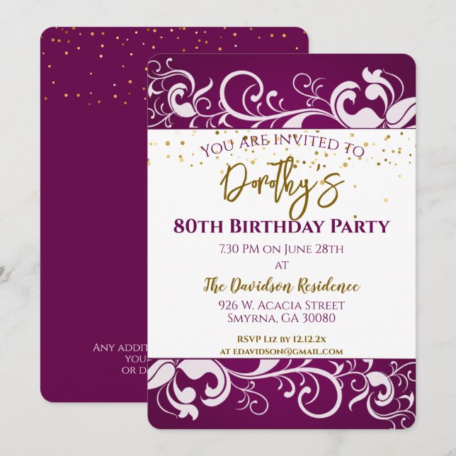 Elegant Purple 80th Birthday Invitation (Front/Back)
