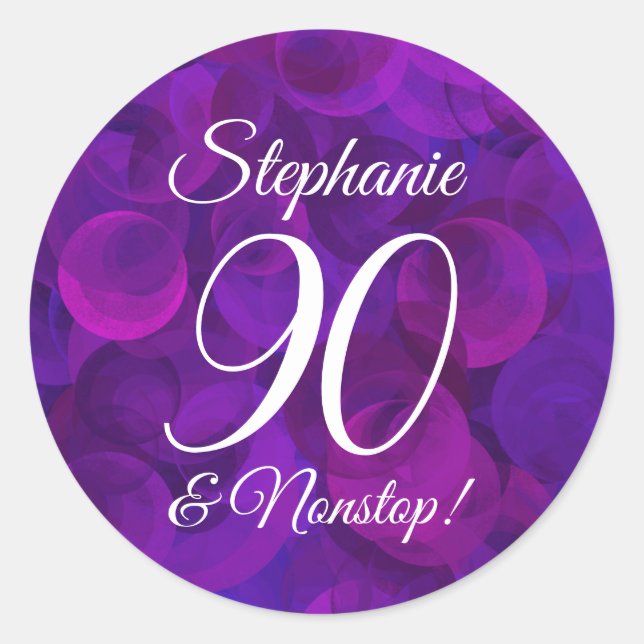 Elegant Purple 90 and Nonstop Birthday Favour Classic Round Sticker (Front)