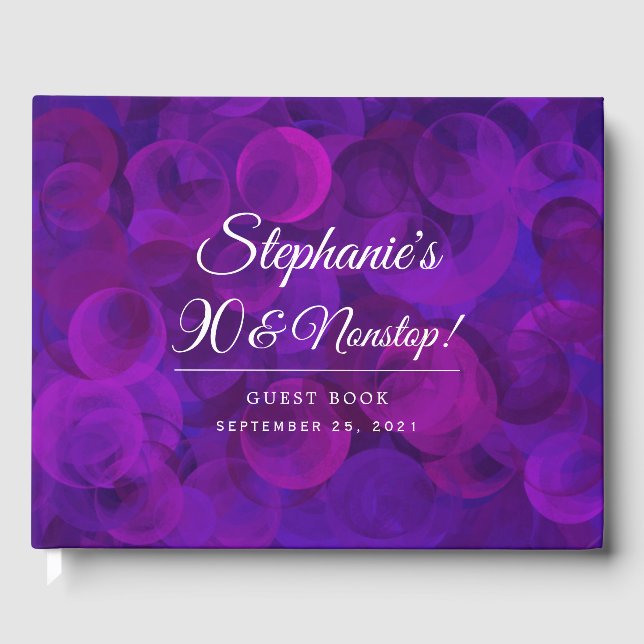 Elegant Purple 90 and Nonstop Birthday Party Guest Book (Front)