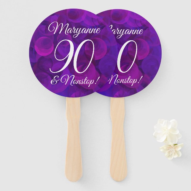 Elegant Purple 90 and Nonstop Birthday Party Hand Fan (Front and Back)