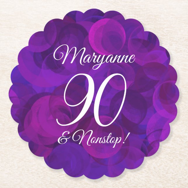 Elegant Purple 90 and Nonstop Birthday Party Paper Coaster (Front)
