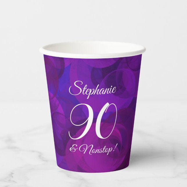 Elegant Purple 90 and Nonstop Birthday Party Paper Cups (Front)