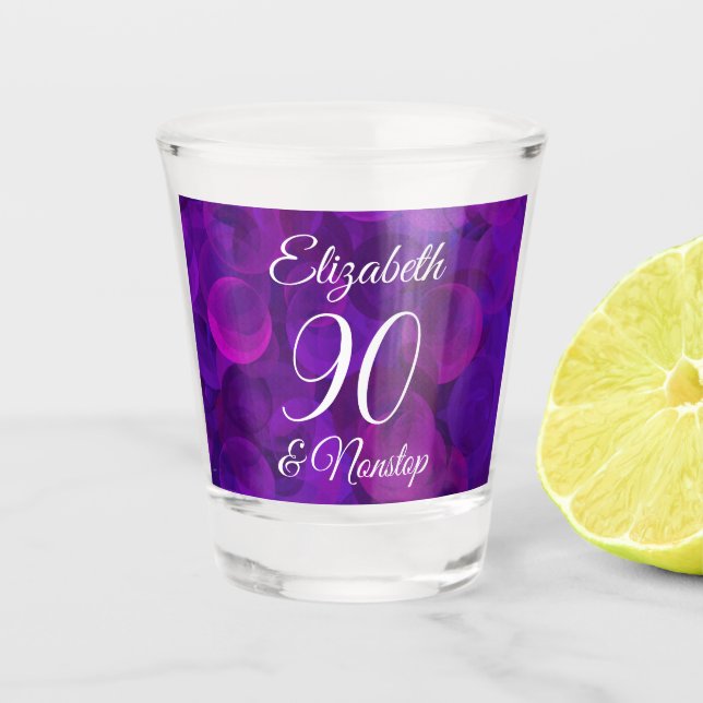 Elegant Purple 90 and Nonstop Birthday Party Shot Glass (Front)