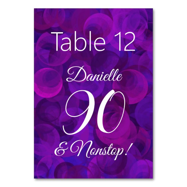 Elegant Purple 90 and Nonstop Birthday Party Table Number (Front)