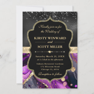 Elegant Purple Agate Black Glitter Wedding Invitation