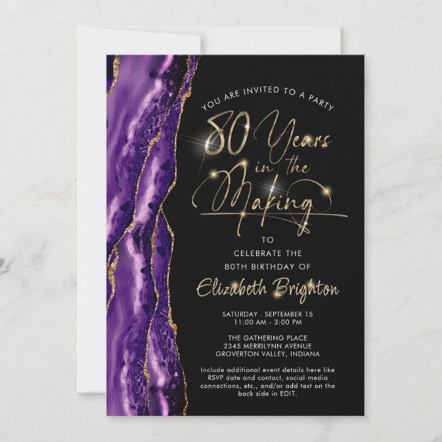 Elegant Purple Agate Black Gold 80th Birthday Invitation (Front)