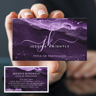 Elegant Purple Agate Glitter Script Monogram Business Card