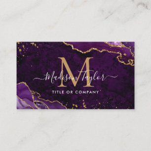 Elegant Purple Agate Gold Glitter Script Monogram Business Card