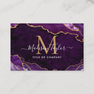 Elegant Purple Agate Gold Glitter Script Monogram Business Card