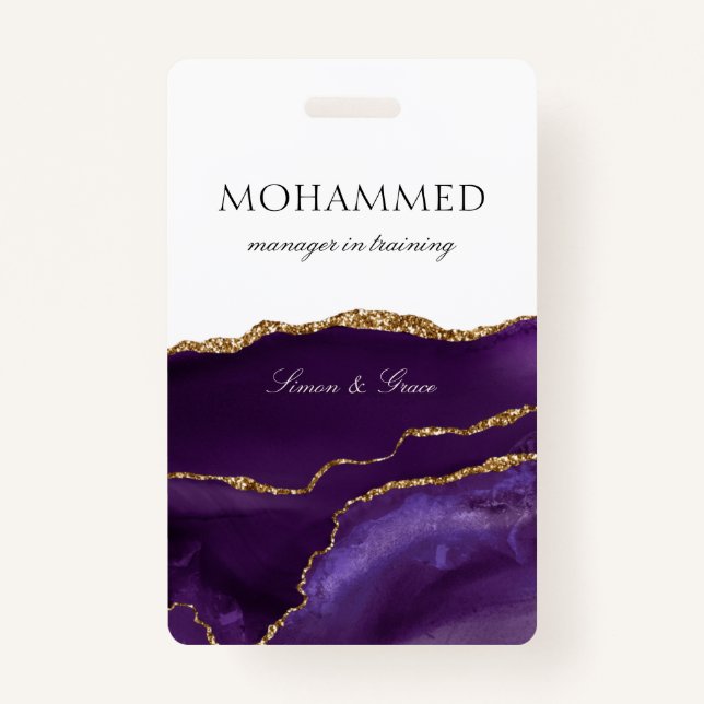 Elegant Purple Agate Script Custom Employee ID Badge (Front)