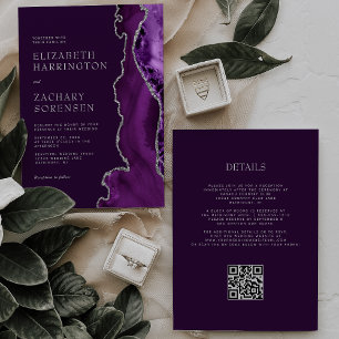 Elegant Purple Agate Silver Plum QR Code Wedding Invitation