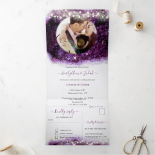 Elegant Purple Amethyst Crystal Geode Wedding Tri-Fold Invitation