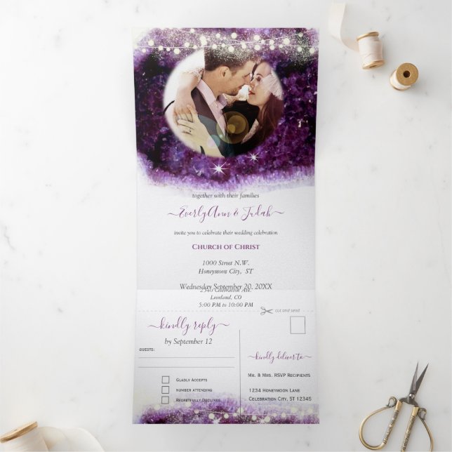 Elegant Purple Amethyst Crystal Geode Wedding Tri-Fold Invitation (Inside)