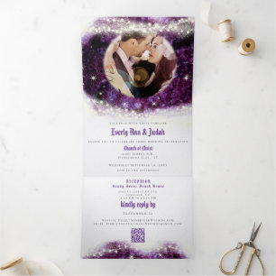 Elegant Purple Amethyst Crystal Geode Wedding Tri-Fold Invitation