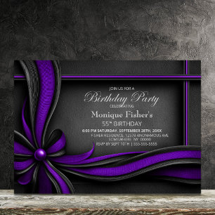 Elegant Purple and Black Bow 55th Birthday Party Invitation
