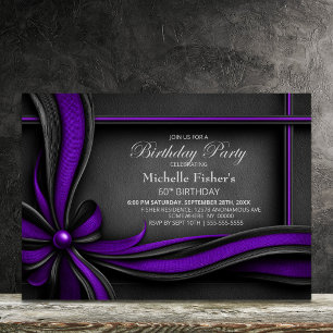 Elegant Purple and Black Bow 60th Birthday Party Invitation