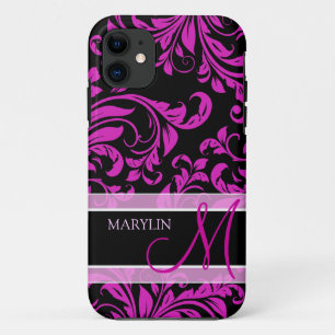 Elegant Purple and black damask with monogram iPhone 11 Case