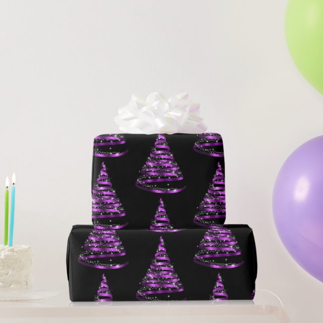 Elegant Purple and Black Ribbon Tree Christmas  Wrapping Paper (Party Gifts)