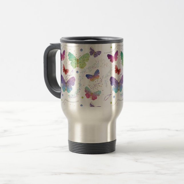Elegant Purple and Blue Bright Butterflies Travel Mug (Front Left)
