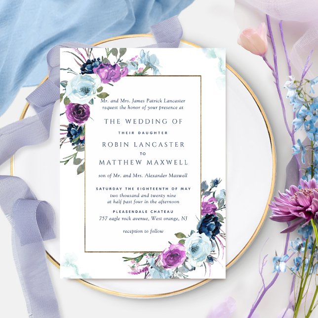 Elegant Purple and Blue Floral Formal Wedding Invitation (Creator Uploaded)