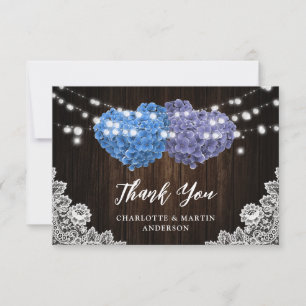 Elegant Purple and Blue Rustic Wood Floral Wedding Thank You Card