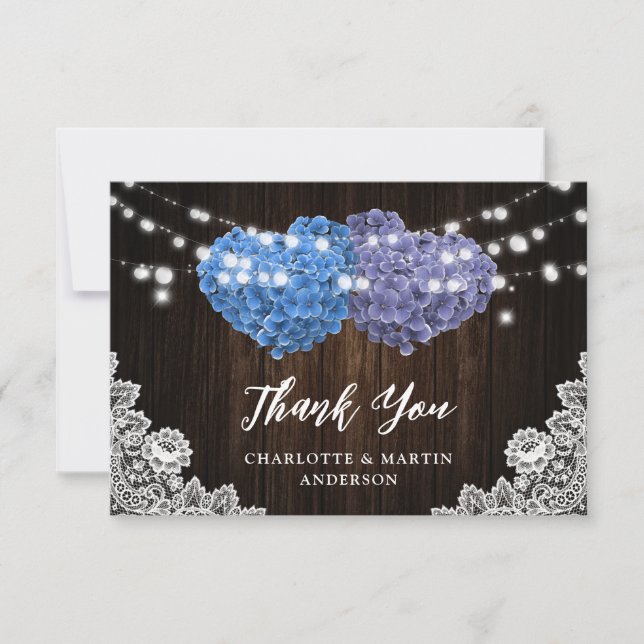 Elegant Purple and Blue Rustic Wood Floral Wedding Thank You Card (Front)