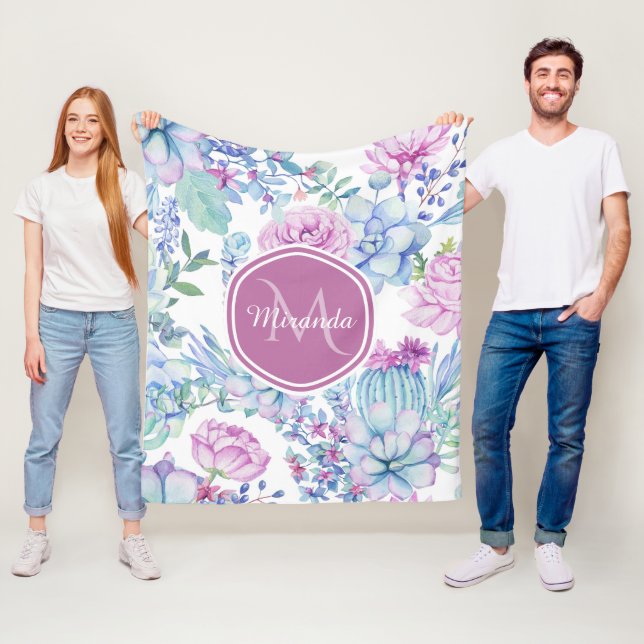 Elegant Purple and Blue Succulent Floral With Name Fleece Blanket (In Situ)