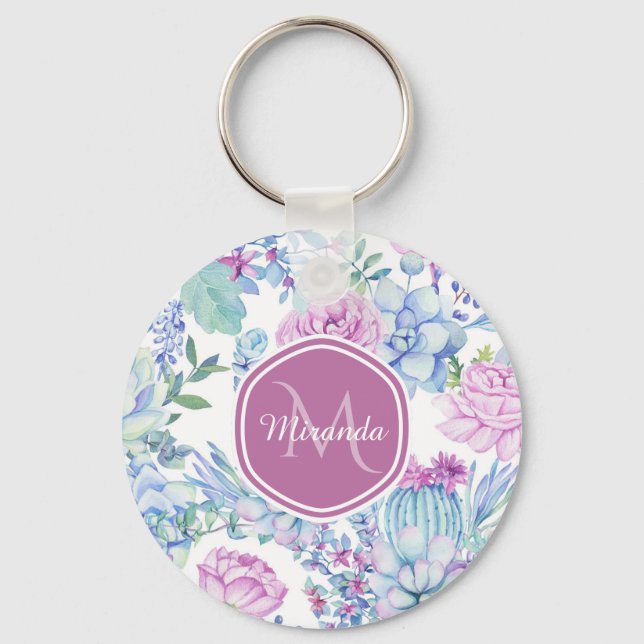 Elegant Purple and Blue Succulent Floral With Name Key Ring (Front)