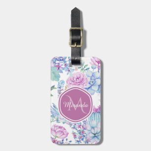 Elegant Purple and Blue Succulent Floral With Name Luggage Tag