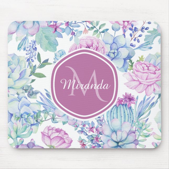 Elegant Purple and Blue Succulent Floral With Name Mouse Mat (Front)
