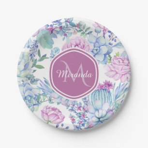 Elegant Purple and Blue Succulent Floral With Name Paper Plate