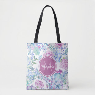 Elegant Purple and Blue Succulent Floral With Name Tote Bag