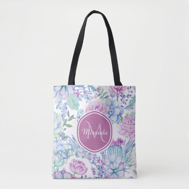 Elegant Purple and Blue Succulent Floral With Name Tote Bag (Front)