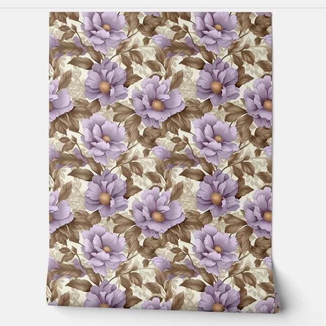 Elegant purple and faux gold flowers spring floral wallpaper (Unrolling)