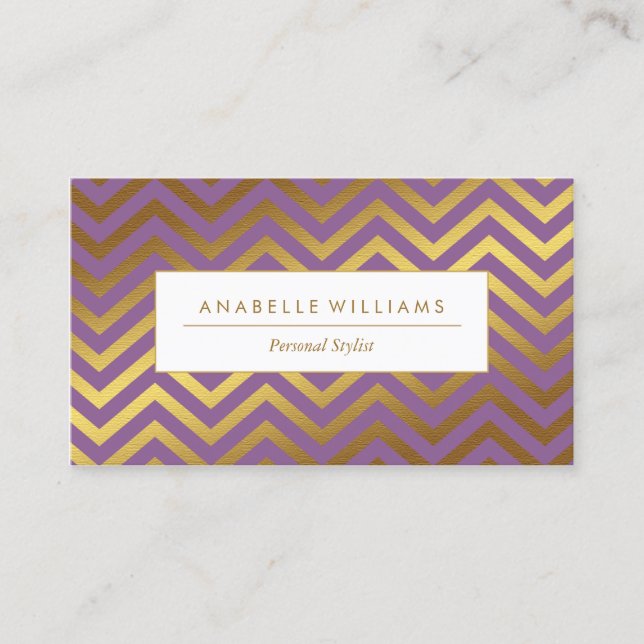 Elegant Purple and Faux Gold Foil Chevrons Business Card (Front)