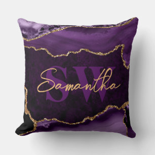 Elegant Purple and Faux Gold Glitter Marble Agate Cushion