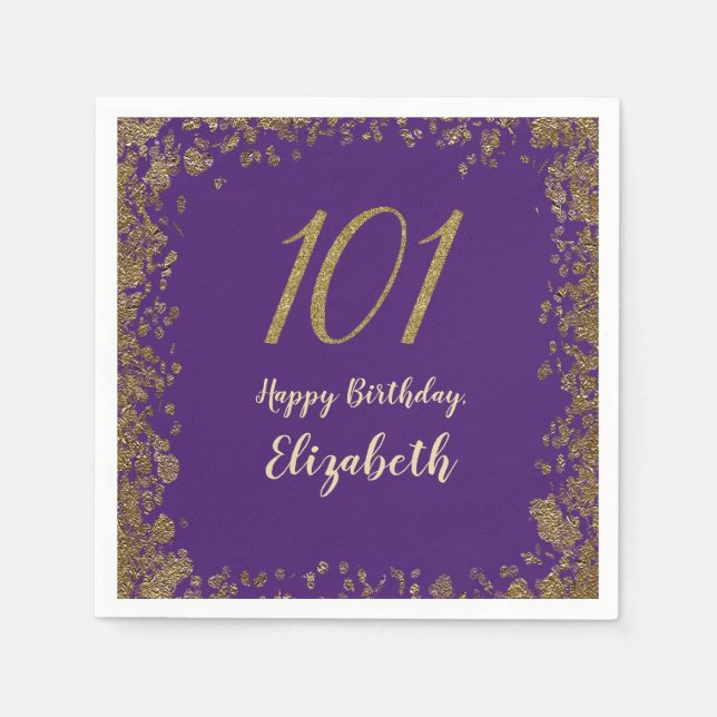 Elegant Purple and Gold 101st Birthday Napkin (Front)