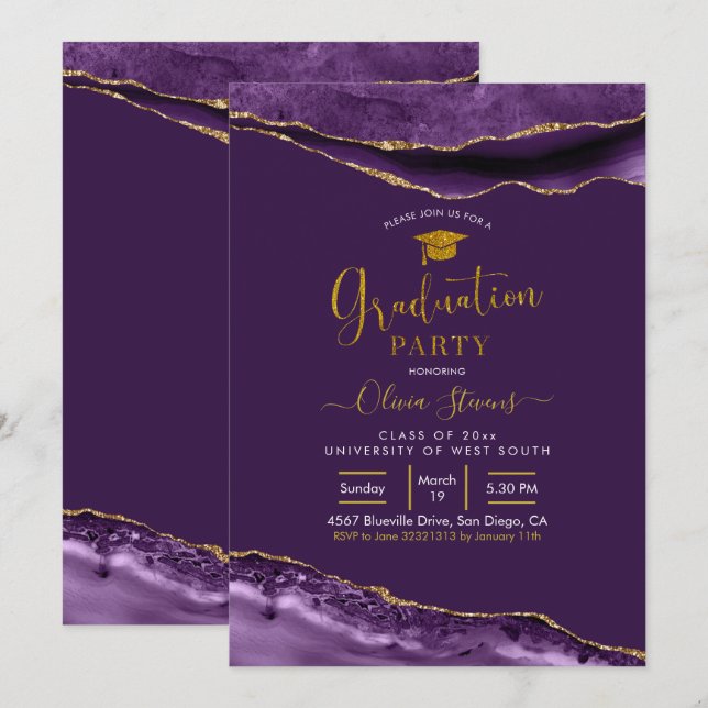 Elegant Purple and Gold Agate Graduation Party Invitation (Front/Back)