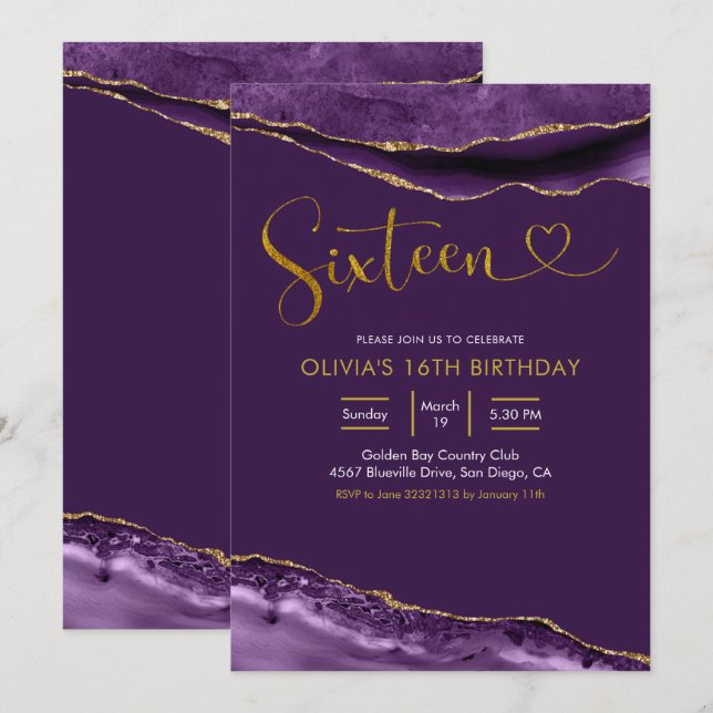 Elegant Purple and Gold Agate Sixteen Birthday Invitation (Front/Back)