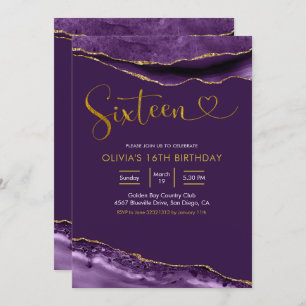 Elegant Purple and Gold Agate Sixteen Birthday Invitation